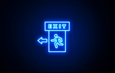 Left side neon glowing blue color emergency exit icon on black background. Man running out, fire exit. Bright Emergency exit sign. Emergency exit. Safety symbol. Escape help evacuation icon