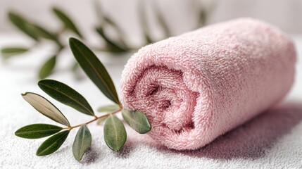 A soft pink towel elegantly rolled with a fresh olive branch, ideal for spa or home decor settings.