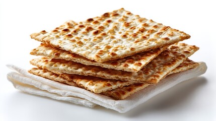 Fototapeta premium A stack of crispy crackers arranged neatly on a white cloth, perfect for snacking or pairing with various dishes.
