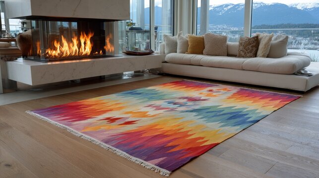 Vibrant kilim rug enhancing a neutral toned living space with fireplace and mountain view