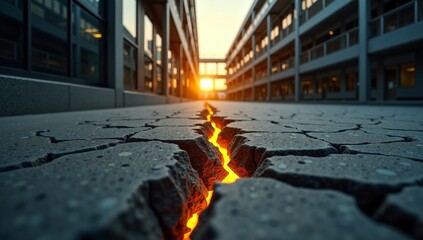 A powerful image of the ground cracking open with glowing lava, symbolizing a disaster like an earthquake, a crisis, or immense pressure in an urban setting.