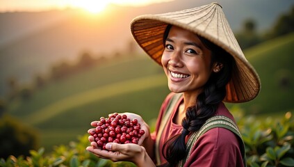 A happy Asian female farmer in a traditional hat proudly displays freshly harvested red coffee cherries at a beautiful plantation at sunrise.