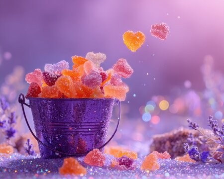 Colorful Gummy Hearts in Purple Bucket
