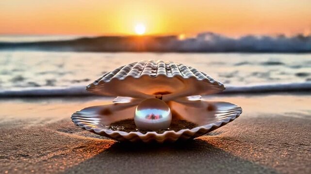 A stunning close-up of a pearl nestled within an open seashell on a sandy beach at sunrise.