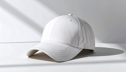 Blank white baseball cap front view on a clean surface. A simple and modern product mockup for branding and design presentation with sunlight shadows