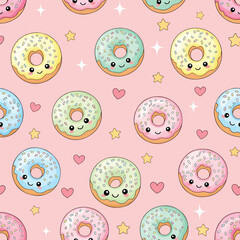 Cute donuts seamless pattern with sprinkles, hearts and stars on pink background, seamless pattern, Stock royalty free image.