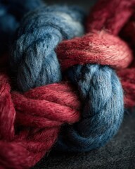 Closeup Knotted Blue And Red Yarn