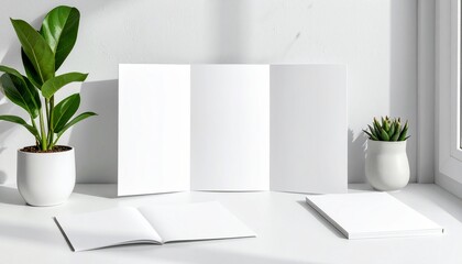 Clean minimalist workspace with a blank trifold brochure mockup and stationery on a white desk for corporate identity presentation