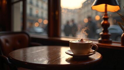 A cup of hot, steaming coffee sits on a table by the window of a cozy European cafe in the evening, with city lights blurred in the background.