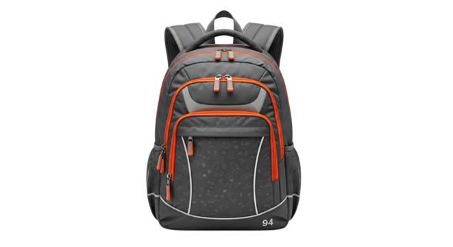 Dark gray and orange backpack for travel or school isolated PNG with Transparent Background