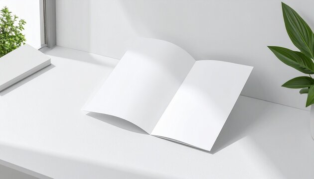 Blank open bifold brochure mockup on a white sunlit windowsill with green plants for design presentation