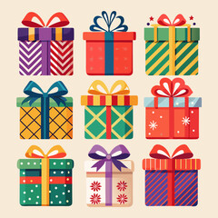 A vibrant collection of nine assorted gift boxes with colorful ribbons and bows perfect for celebrations
