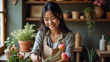 A happy young Asian woman works as a florist or enjoys her hobby, arranging beautiful tulips in her charming workshop.