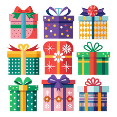 A vibrant collection of nine assorted gift boxes with decorative bows and festive patterns for celebrations and holidays