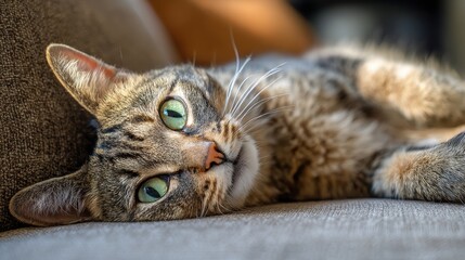 Obraz premium Adorable Tabby Cat Relaxing on Sofa