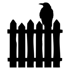 Logo con silueta de cuervo negro posado en valla rústica de estacas de madera para su uso en invitaciones y tarjetas de Halloween