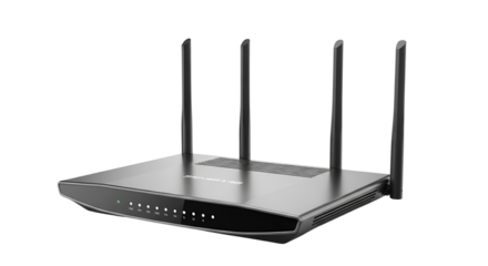 Black wireless internet router with four antennas isolated PNG with Transparent Background