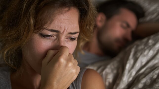 A woman experiences deep emotional distress while her partner sleeps nearby, highlighting intimacy and conflict.