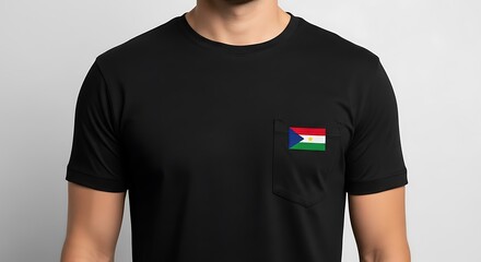 A close-up of a black shirt with a small pocket on the chest and a national flag embroidered