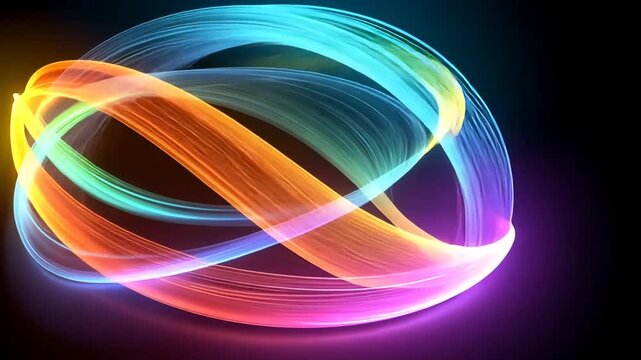 A vibrant, glowing infinity symbol created with colorful light trails, representing endlessness and eternity on a dark, abstract background with a neon effect.