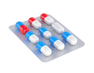 Medical pack of tablets with blister packaging showing pharmaceutical medicine pills for healthcare treatment isolated on white background