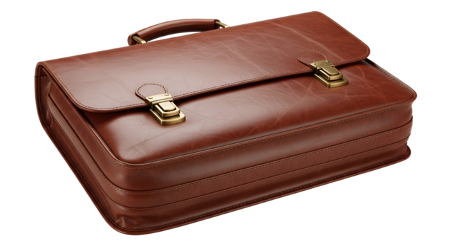 Brown leather briefcase for business isolated PNG with Transparent Background