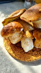 The concept of proper nutrition, mushroom season, white mushroom in the loft-style kitchen, edible mushrooms for cooking, diet.