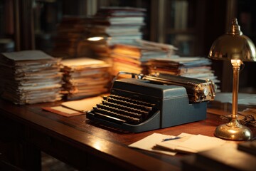 Vintage typewriter on a cluttered desk in a library