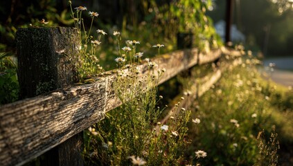 Rustic wooden fence with wildflowers