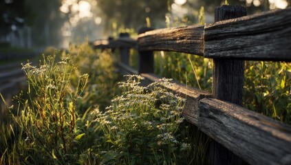 Rustic wooden fence in morning light
