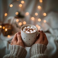 Close-up of woman’s hands holding a mug with a hot chocolate topped with a few marshmallows and a pinch of cocoa or cinnamon