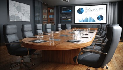 Modern conference room with data displays