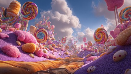 A colorful, candy-coated landscape stretches into the distance