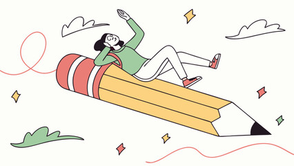 A person joyfully riding a giant pencil through the sky, symbolizing creativity, inspiration, and the freedom of imagination