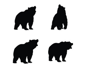 Four distinct black silhouette illustrations of grizzly bears in various poses against a clean white background