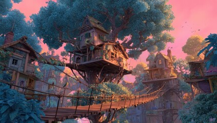 Fantasy treehouse village at sunset
