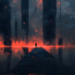 A dramatic digital painting of a lone figure on a pier under a fiery, apocalyptic red sky.
