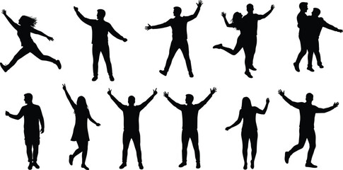 PrintSilhouettes of people jumping, dancing, walking and celebrating, group of men and women vector illustration for happiness, joy, lifestyle, freedom