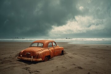 Rusty old car on a sandy beach under a stormy sky