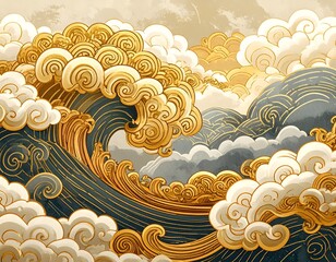 Golden Waves and Cloudy Mountains Illustration