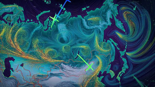 Wind currents streaming across russia and siberia, revealing atmospheric patterns with airplane markers tracing flight routes on geographic visualization map