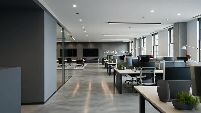 Spacious Open Office with Gray Walls and Modern Furniture and Big Windows, Creating a Bright and Professional Atmosphere with Conference Room and Desks