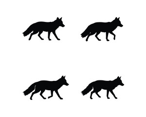 Four distinct black silhouette illustrations of a fox in a walking pose against a clean white background