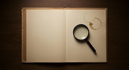 An open vintage journal with blank pages, a magnifying glass, and coffee stains on a dark wooden desk, representing investigation and research