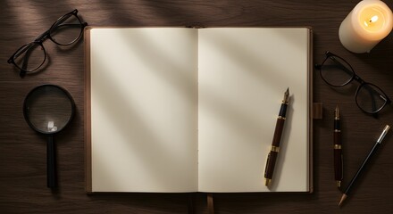 Atmospheric flat lay of a writer's workspace with a blank journal, fountain pen, and magnifying glass illuminated by candlelight