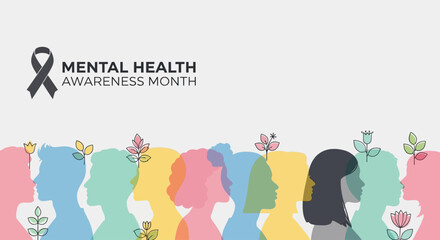 Mental Health Awareness Month Colorful Silhouettes of Diverse People Supporting Mental Wellness