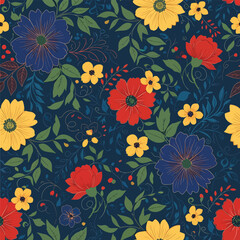 Colorful floral pattern background featuring yellow, red, and blue flowers and green leaves, patern seamless, Stock royalty free.