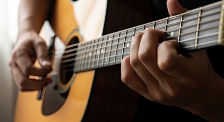A person playing an acoustic guitar with a fingerstyle technique.