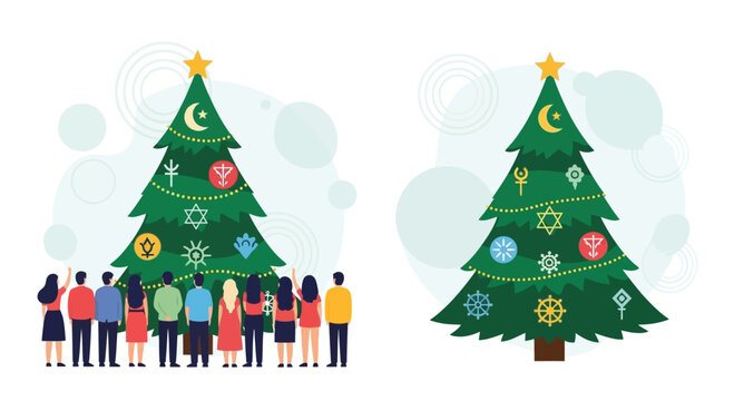 Diverse group of people admiring a decorated Christmas tree with religious symbols.