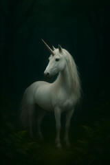Obraz premium Mystical White Unicorn in Enchanted Dark Forest Among Ferns